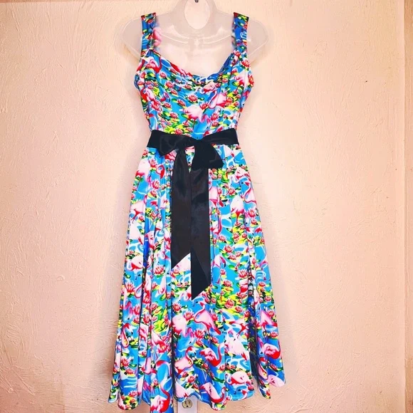Flamingo Blue Pink Tropical Print Vintage Style Fit and Flare Dress Size 6 - Picture 6 of 10